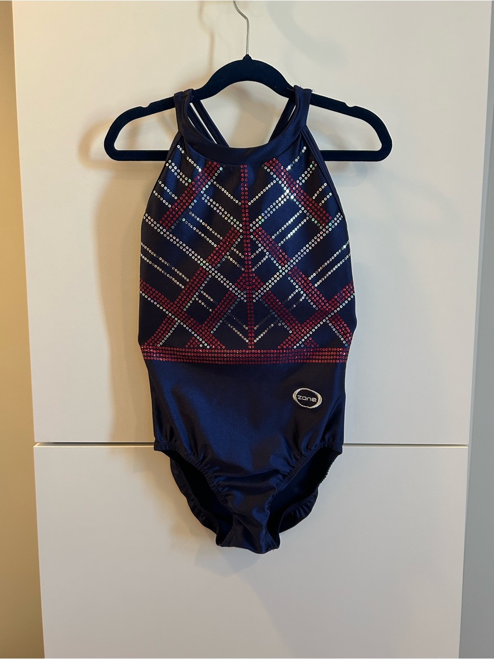 Zone Navy Leotard with Red & Silver Geometric Sequins - Adult Small - Picture 2 of 8